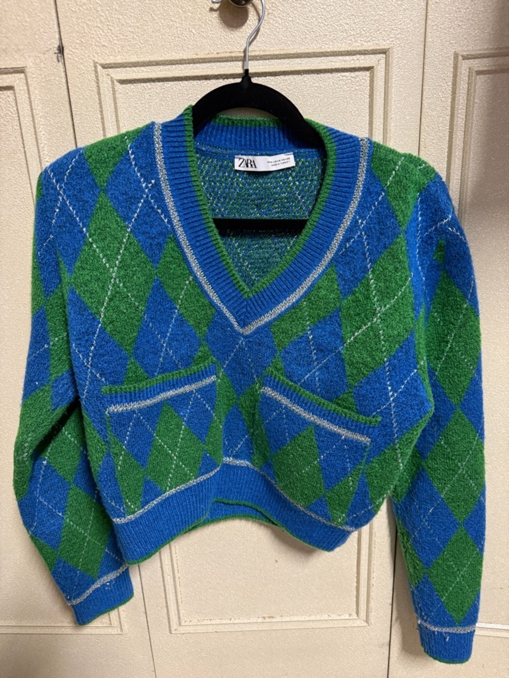 ZARA Green & Blue Argyle V-Neck Sweater with Contrast Trim